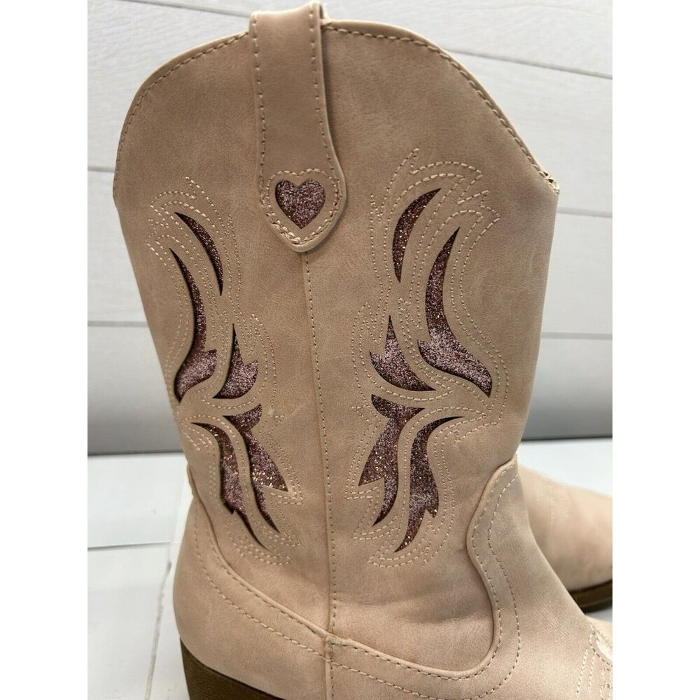 Pop Girls 5m‎ Welcome Block Heel Cowboy Boots Pink Blush Glitter Details Hearts - Picture 2 of 9